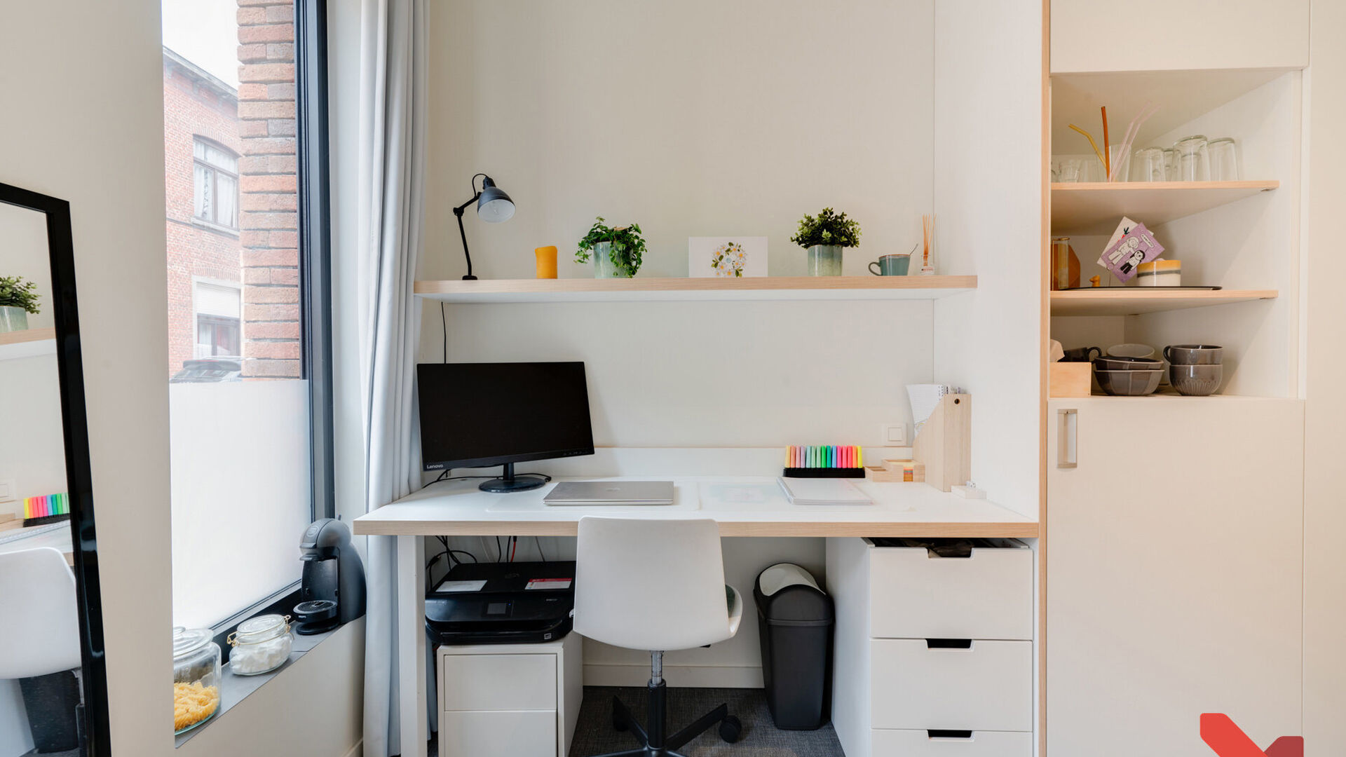 Student rooms located in the ACE student residence at 266 Knight Street. This room has its own bathroom, is furnished with: a bed, desk, bookshelf, closet and refrigerator. Each hallway has its common kitchen, where each student has their own kitchen cabi