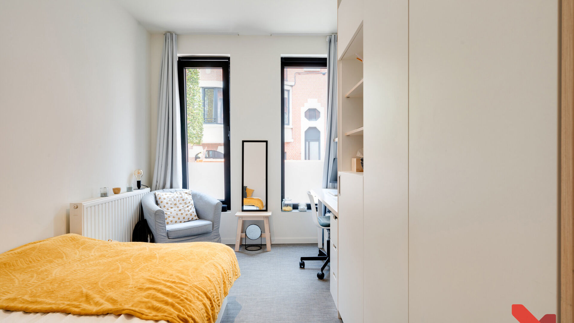 Student rooms located in the ACE student residence at 266 Knight Street. This room has its own bathroom, is furnished with: a bed, desk, bookshelf, closet and refrigerator. Each hallway has its common kitchen, where each student has their own kitchen cabi