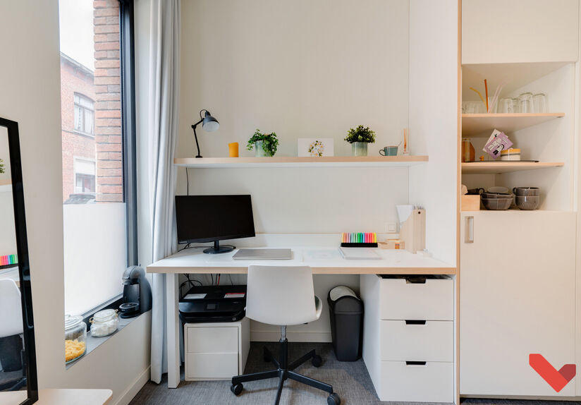 Student rooms located in the ACE student residence at 266 Knight Street. This room has its own bathroom, is furnished with: a bed, desk, bookshelf, closet and refrigerator. Each hallway has its common kitchen, where each student has their own kitchen cabi