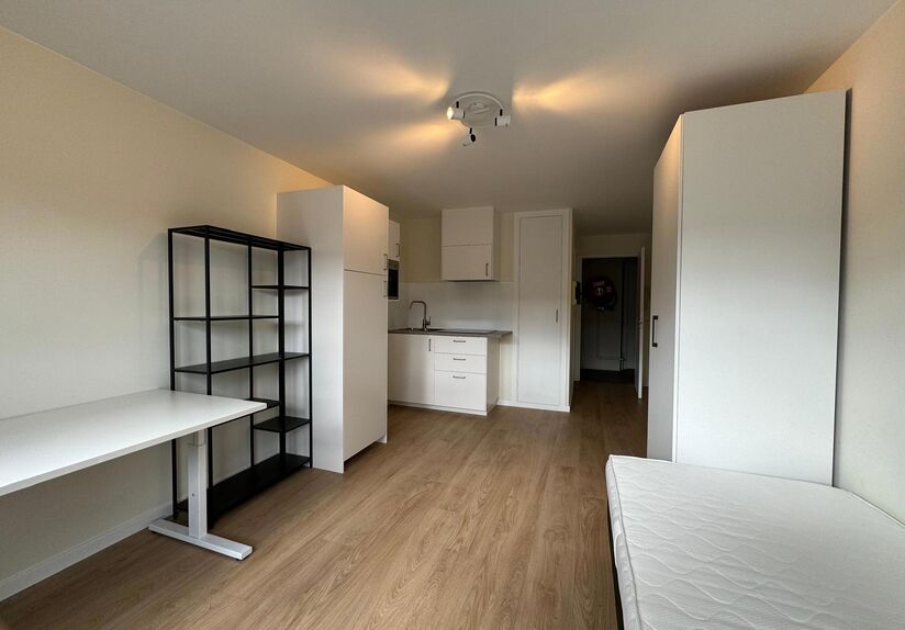 Only students
The studio is located on the third floor of the building, (where there is also an elevator) and includes living/sleeping area with bed, desk, closet, bookshelf, kitchenette and bathroom with shower, sink and WC. 
Recently, the studio was als